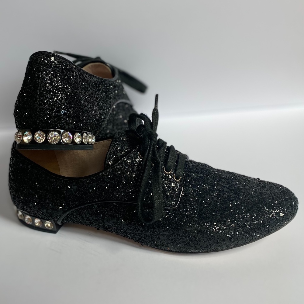 MIU MIU GLITTER BLACK SAPPHIRE OXFORD FLATS